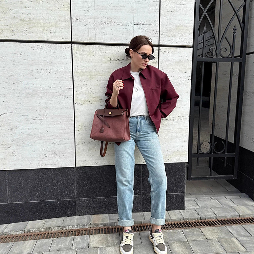 Damen Leichte Twill-Übergangsjacke mit Hemdkragen, verdecktem Reißverschluss und kastiger Silhouette Drune