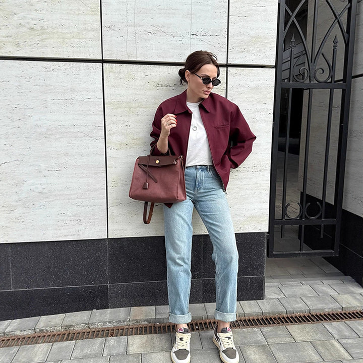 Damen Leichte Twill-Übergangsjacke mit Hemdkragen, verdecktem Reißverschluss und kastiger Silhouette Drune