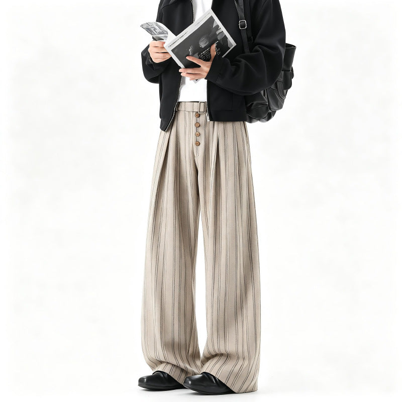 Herren Weite Nadelstreifen-Hose im Baggy‑Cut mit hoher Taille, Falten und Zierknopfleiste Drune