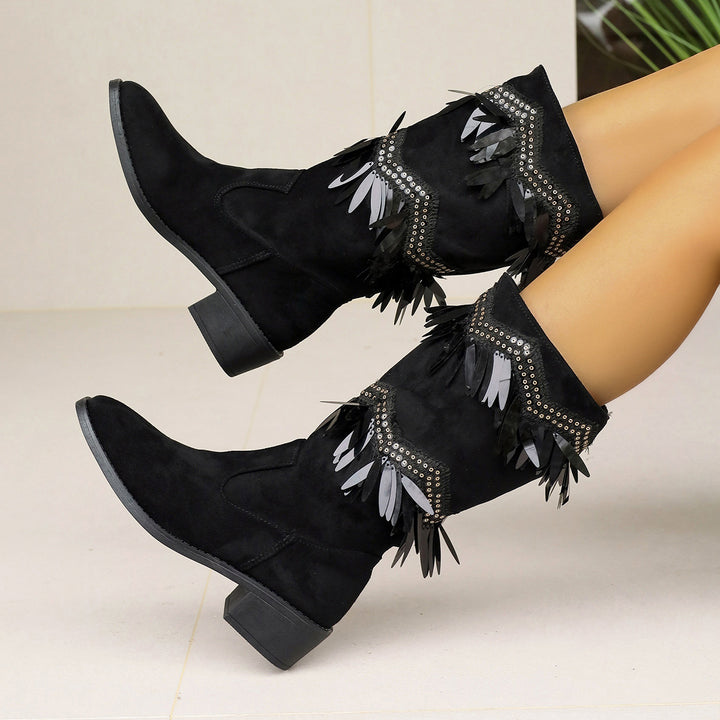 Damen Stiefel mit modischen Fransen und Glitzerdetails Drune