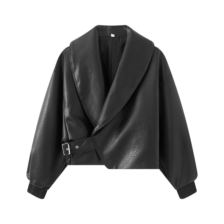 Damen Boxy Cropped Blousonjacke aus Kunstleder mit überlappendem Schalkragen und Taillenriemen Drune