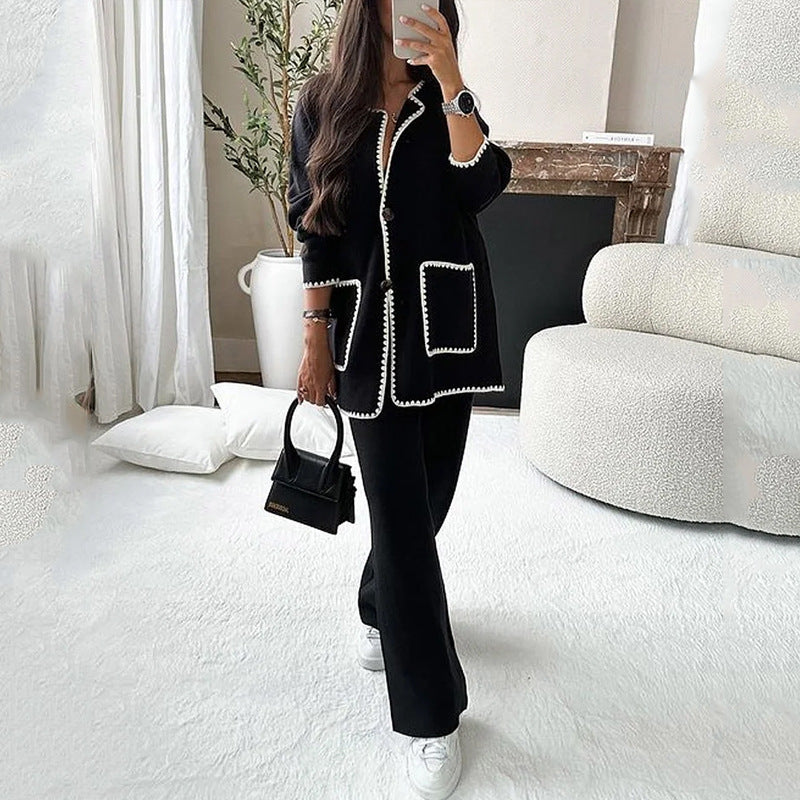 Damen Longline-Strickset mit kontrastbesetzter Strickjacke und weitem Palazzo-Hosen Drune