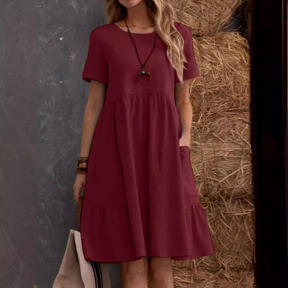 Damen Lockeres Baumwollkleid mit Taschen und Volant Drune