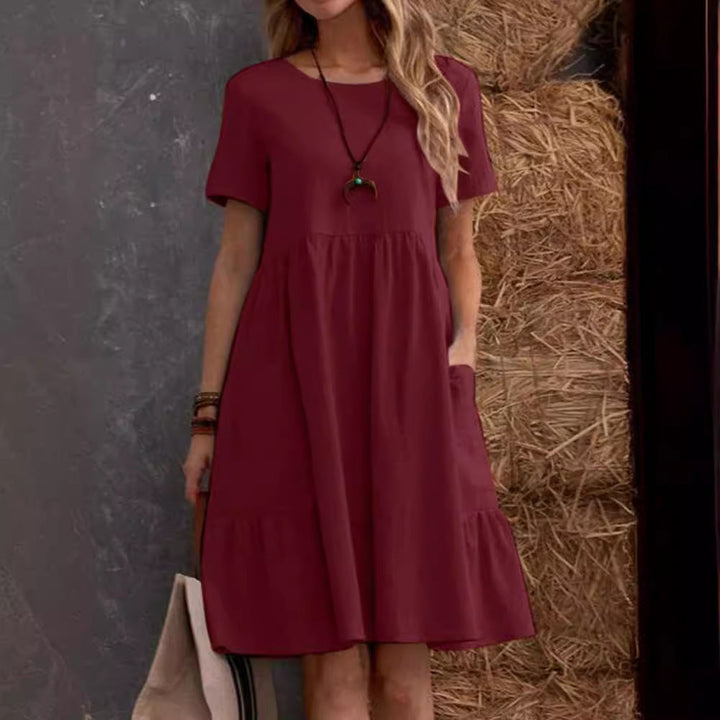Damen Lockeres Baumwollkleid mit Taschen und Volant Drune