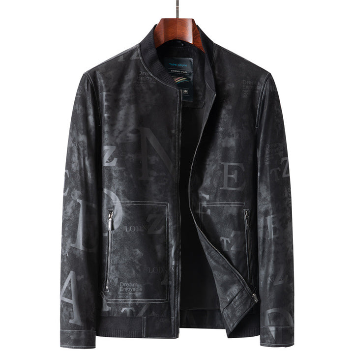Herren Lederimitat-Blouson mit Allover-Print, Reißverschluss und Rippbündchen Drune
