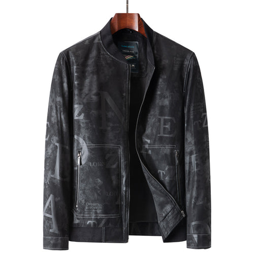 Herren Lederimitat-Blouson mit Allover-Print, Reißverschluss und Rippbündchen Drune