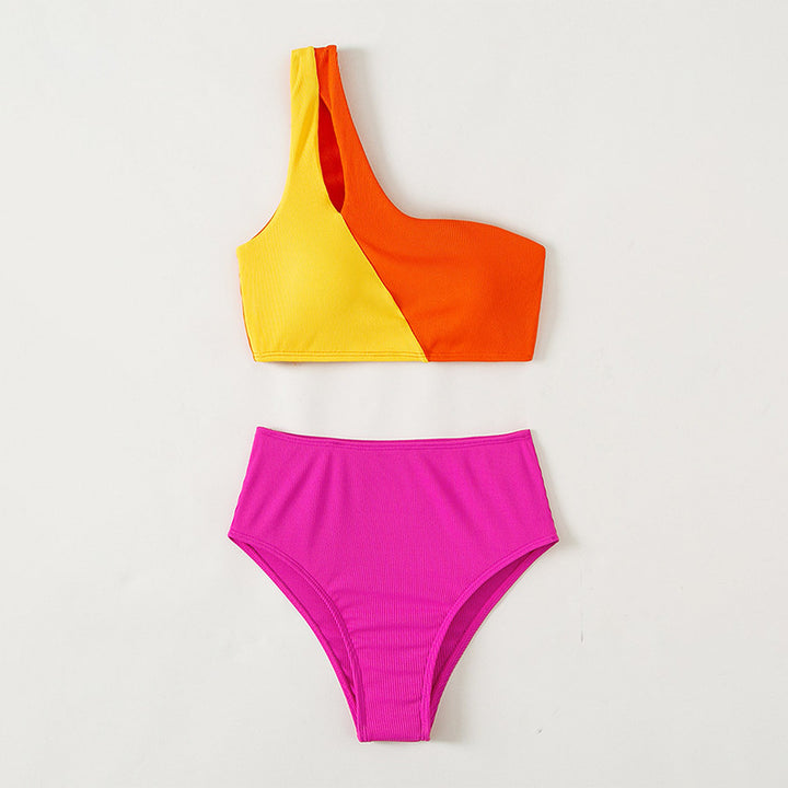 Damen Einseitiger Triangel-Bikini mit buntem Blockdesign Drune
