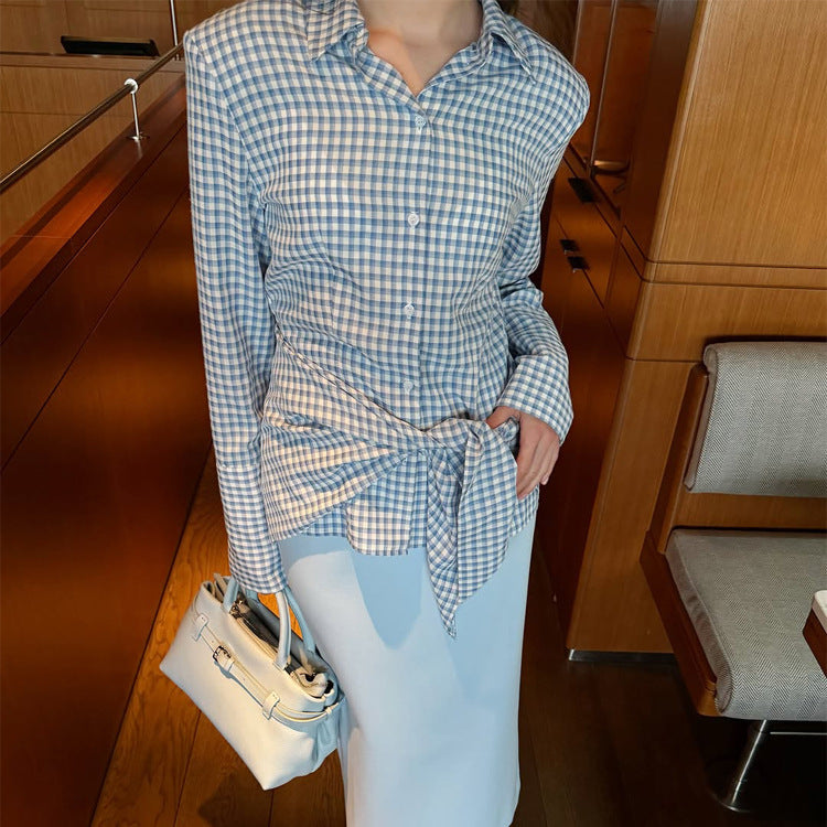 Damen Gingham-Wickelbluse mit seitlicher Taillenbinde und Hemdkragen Drune