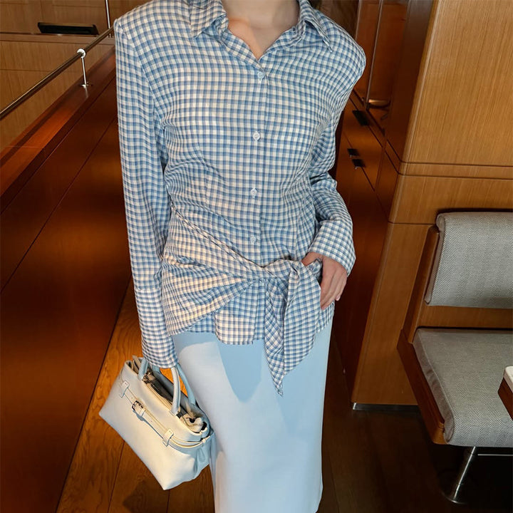 Damen Gingham-Wickelbluse mit seitlicher Taillenbinde und Hemdkragen Drune