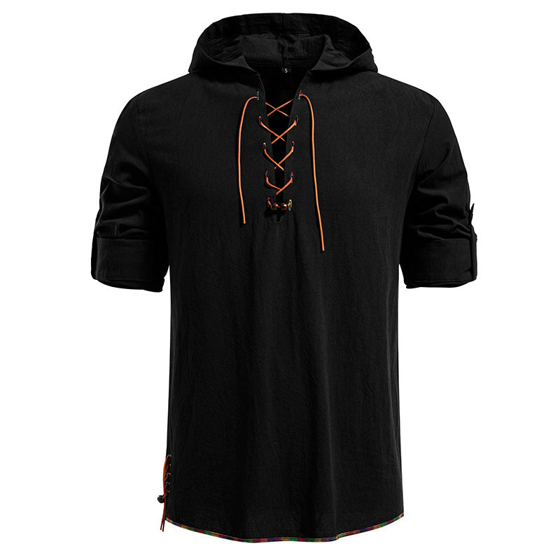 Herren Leichtes Kapuzen-Shirt mit dekorativer Schnürung, Kurzarm und Longline-Schnitt Drune