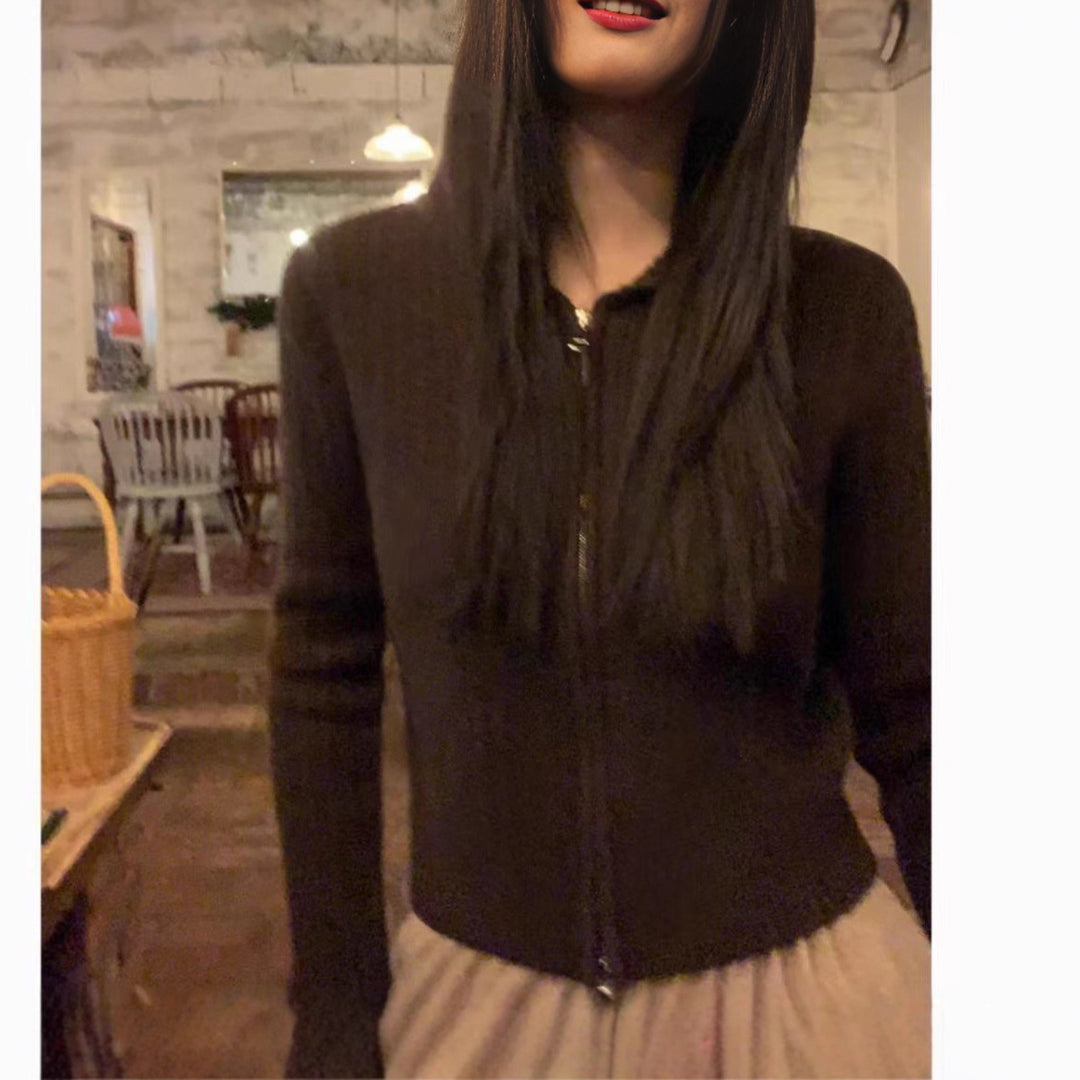 Damen modische Kapuzenjacke mit feinen Rippstrick-Details Drune