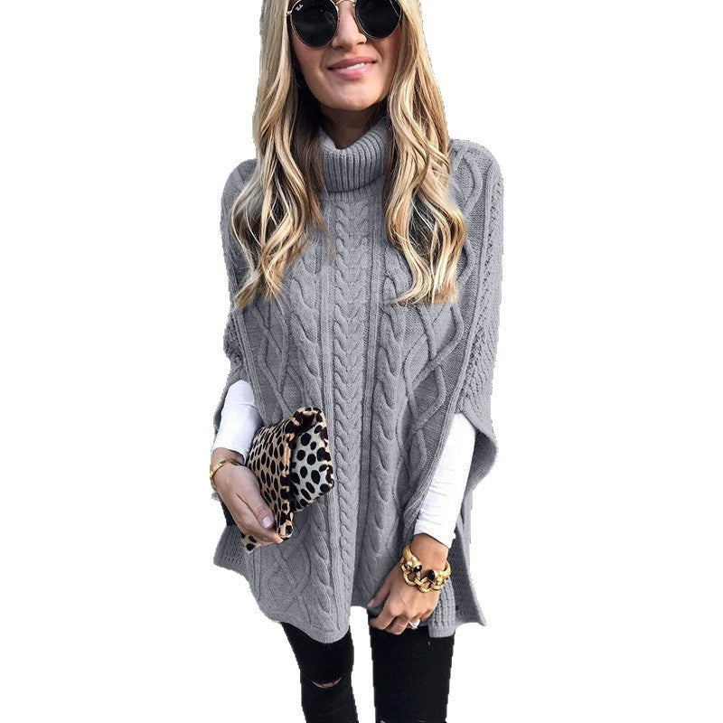 Damen Grobstrick-Poncho mit hohem Kragen und Zopf-Design Drune