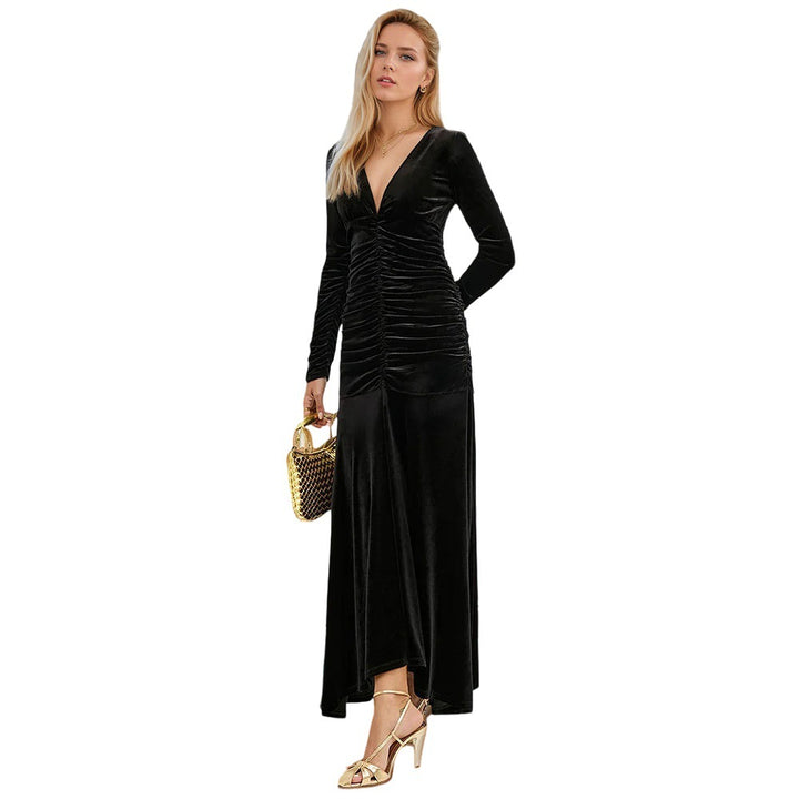 Damen samt-maxikleid mit tiefem V-Ausschnitt geraffter Taillenpartie und Mermaid-Schnitt Drune