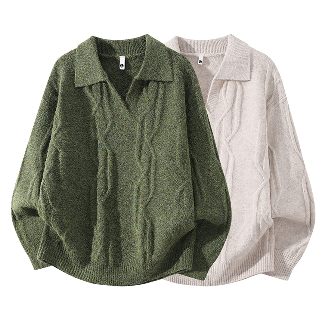 Damen Oversize Mohair‑Optik Zopfstrickpullover mit Polokragen und V‑Ausschnitt Drune