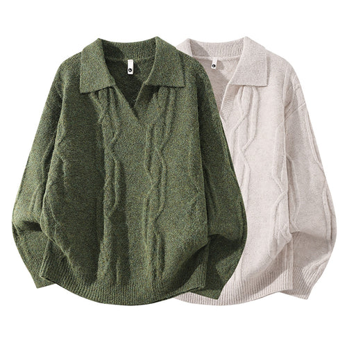 Damen Oversize Mohair‑Optik Zopfstrickpullover mit Polokragen und V‑Ausschnitt Drune