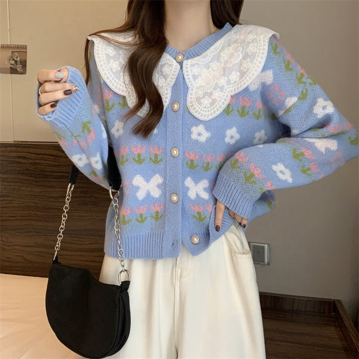 Damen modische Strickjacke mit Spitzenkragen und Floral-Design Drune