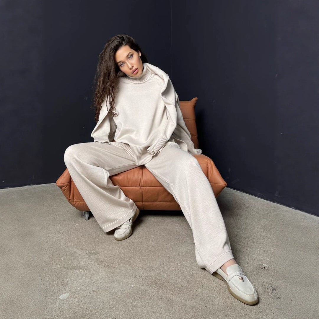 Damen Strick-Loungewear-Set mit hohem Kragen und weitem Schnitt Drune