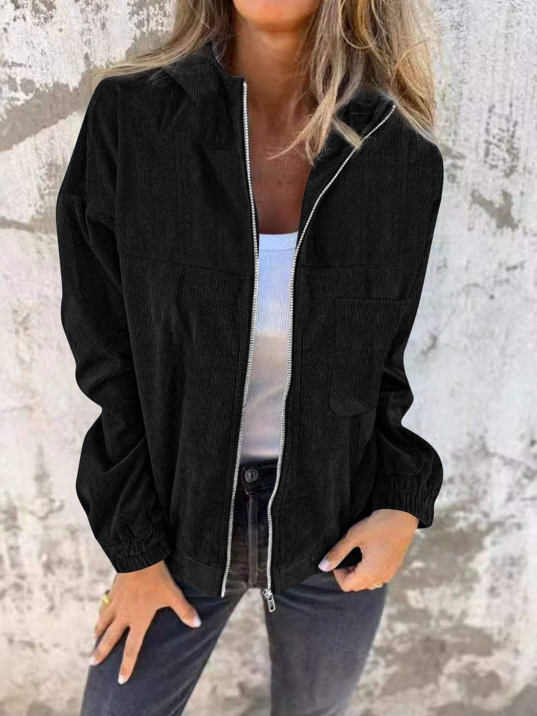 Damen Casual Cord-Hoodiejacke mit feiner Kordsamtstruktur, durchgehendem Reißverschluss und elastischem Saum Drune