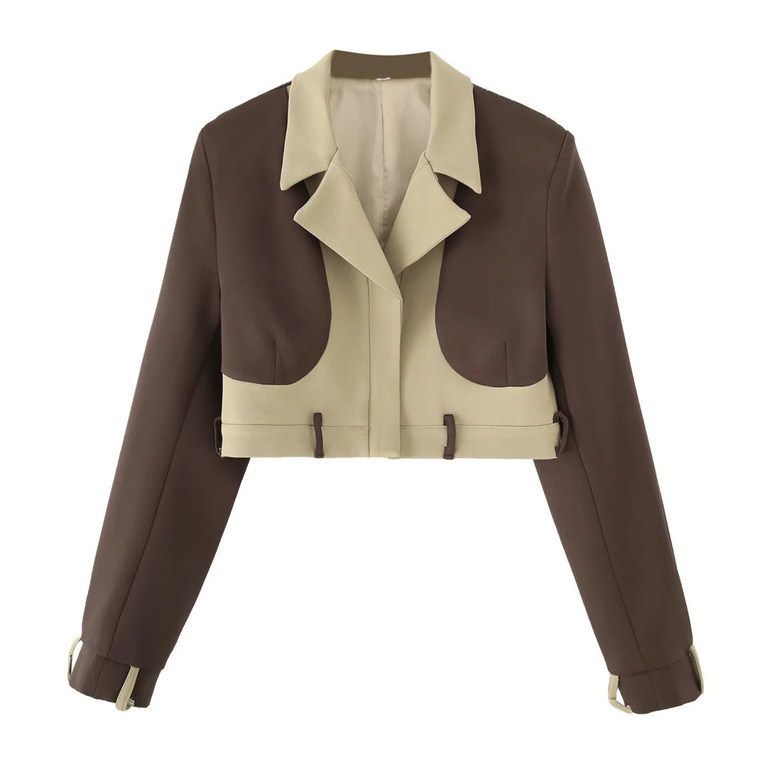 Damen nan kurzes Zweiteiler-Set: Blazer mit Umlegekragen und Highwaist-Weitbeinhose im Colorblock-Design Drune