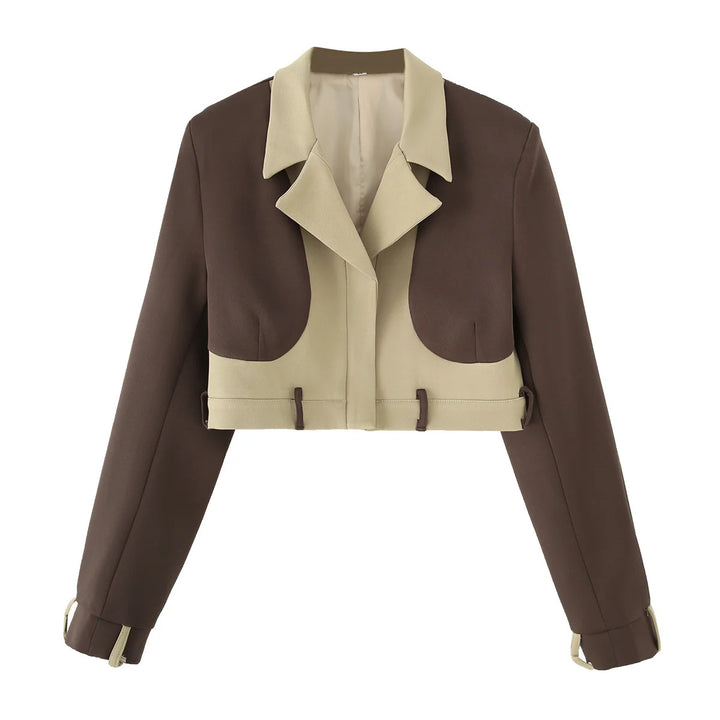 Damen nan kurzes Zweiteiler-Set: Blazer mit Umlegekragen und Highwaist-Weitbeinhose im Colorblock-Design Drune
