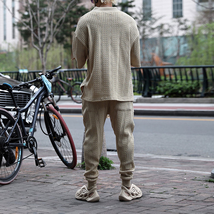 Herren Grobgestricktes Lounge-Set mit tiefem V‑Ausschnitt und Kordelzug-Jogger Drune
