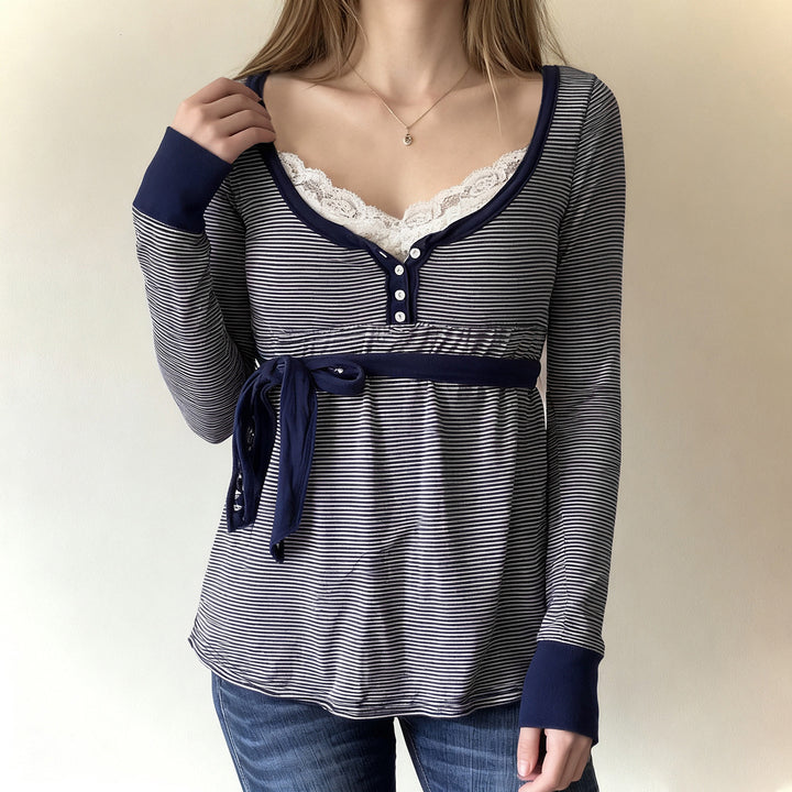 Damen Umstands- und Stillbluse mit Empire-Naht, Knopfleiste und Bindegürtel Drune