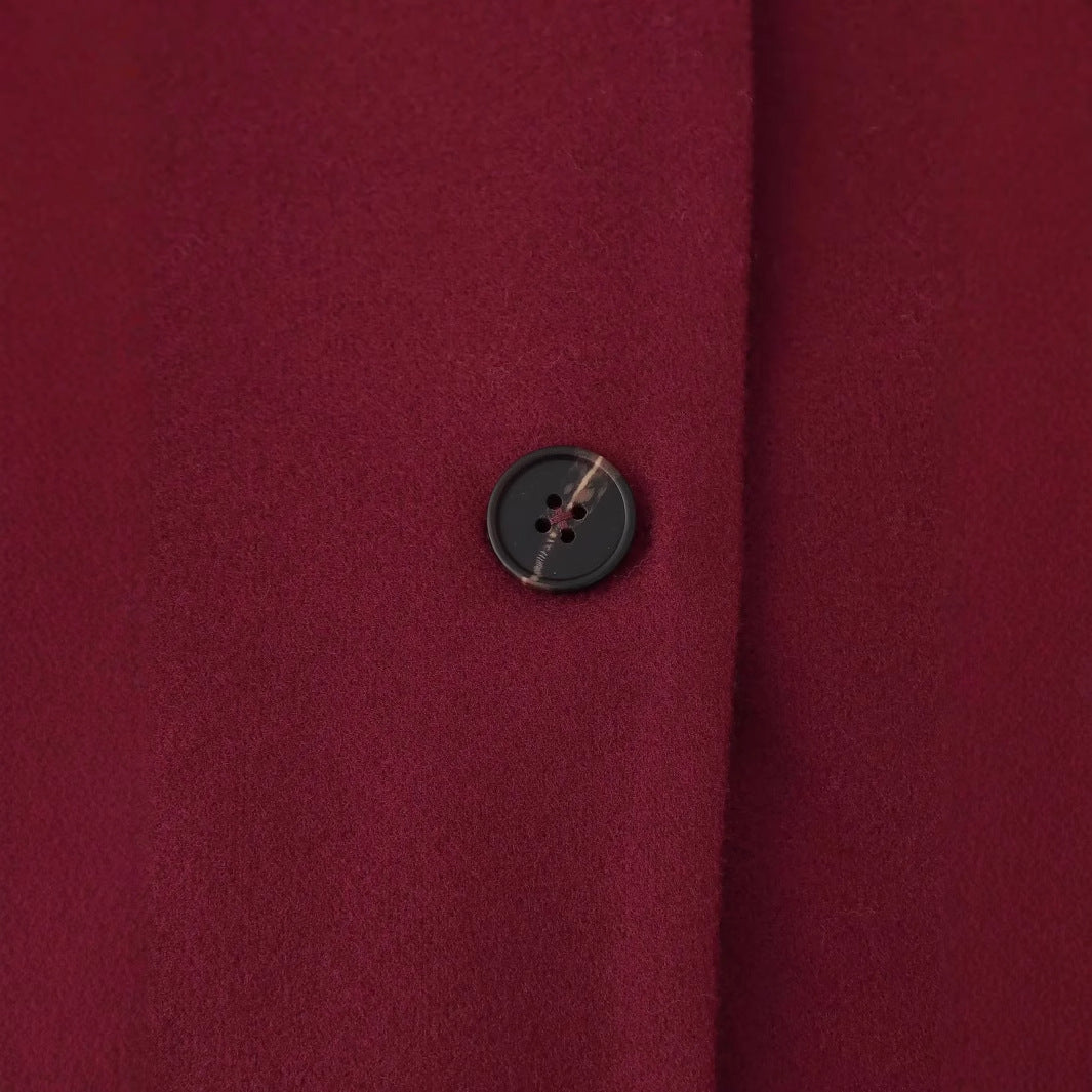 Damen nan kastiger Mantelblazer mit integriertem Schlauchschal, legerer Boxy‑Silhouette und Pattentaschen Drune