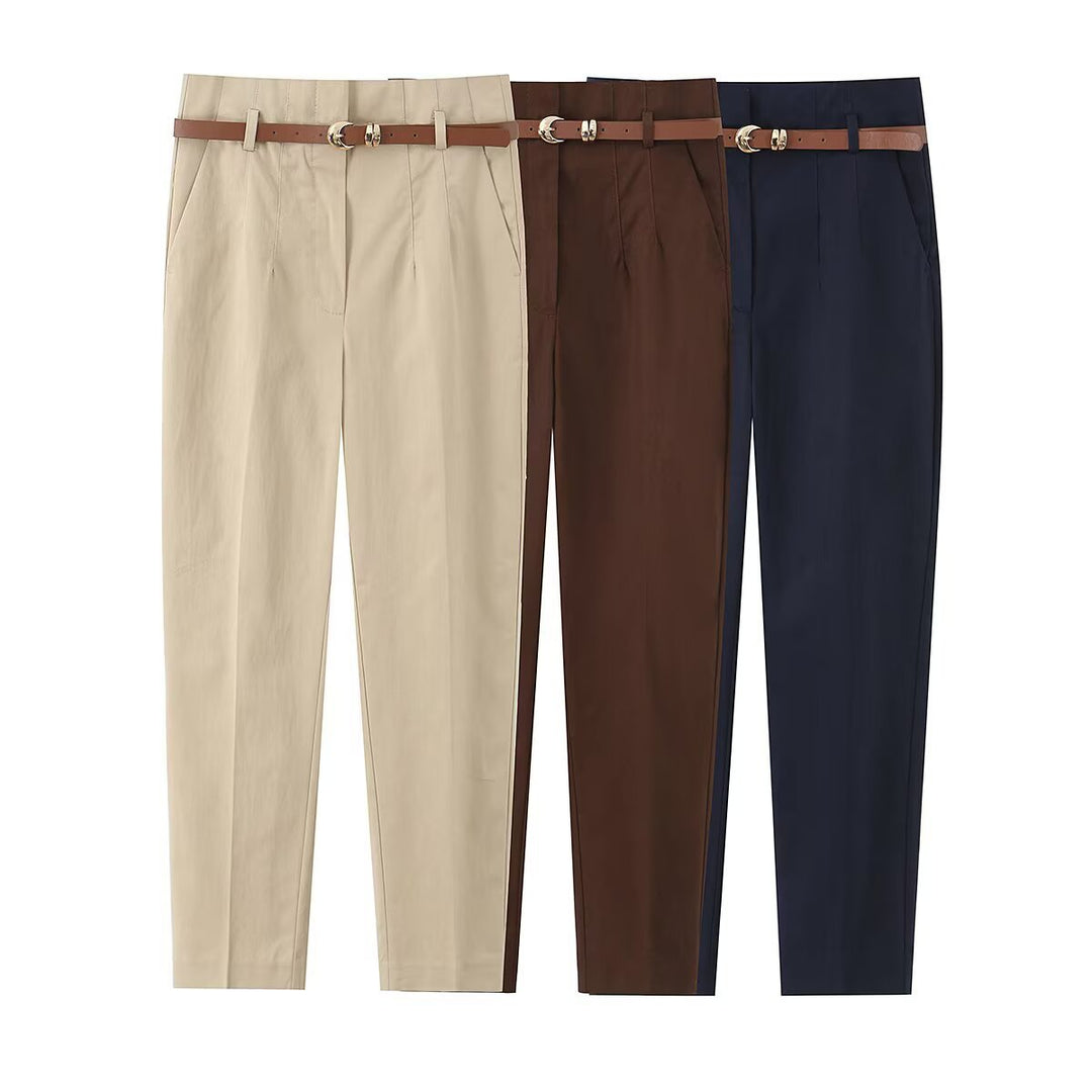 Damen elegante Chinohose mit praktischen Taschen und modischem Gürtel Drune