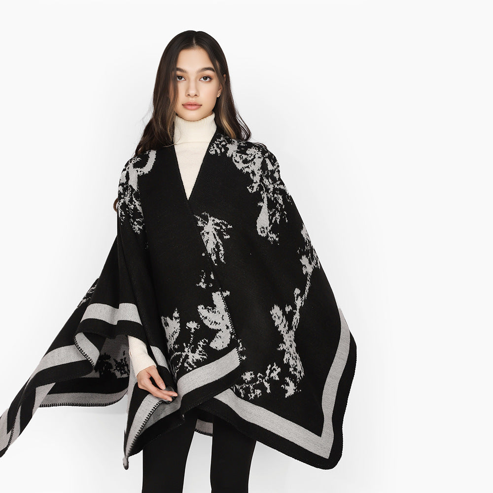 Damen Oversize-Jacquard-Cape aus Wollmix mit abstraktem Blumenmuster Drune