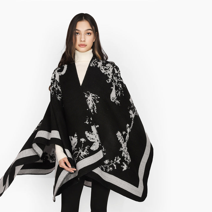 Damen Oversize-Jacquard-Cape aus Wollmix mit abstraktem Blumenmuster Drune