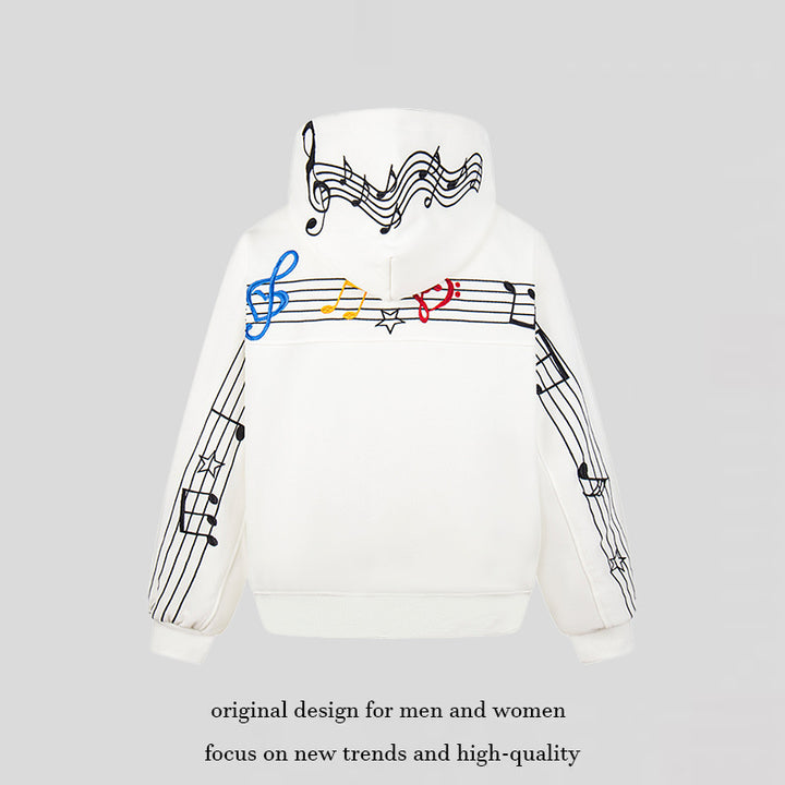 Damen Oversize Kapuzenpullover mit musikalischer Notenstickerei und geripptem Saum Drune