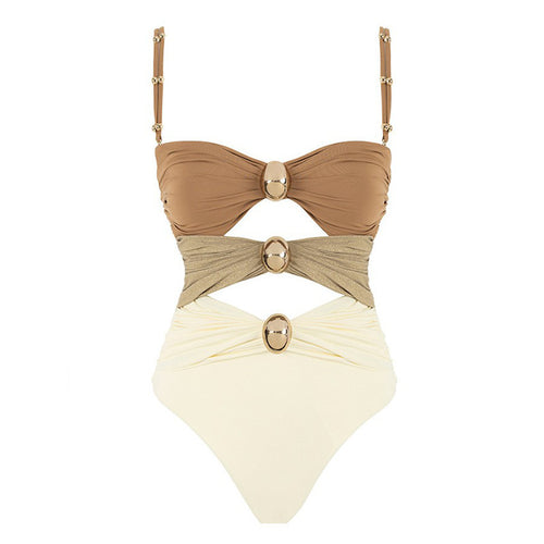 Damen Hochtaillierter Bikini mit raffiniertem Wickeldesign und goldenen Akzenten Drune