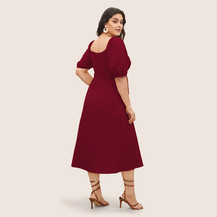 Damen elegantes Midikleid mit modischen Puffärmeln und Taillenschnürung Drune