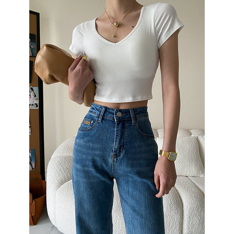 Damen kurzärmliges Crop-Top mit V-Ausschnitt Drune