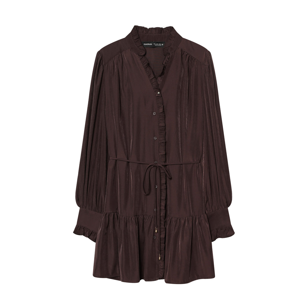 Damen nan gepunktetes Midikleid mit Rüschenblende, Taillenzug und stufigem Volantrock Drune