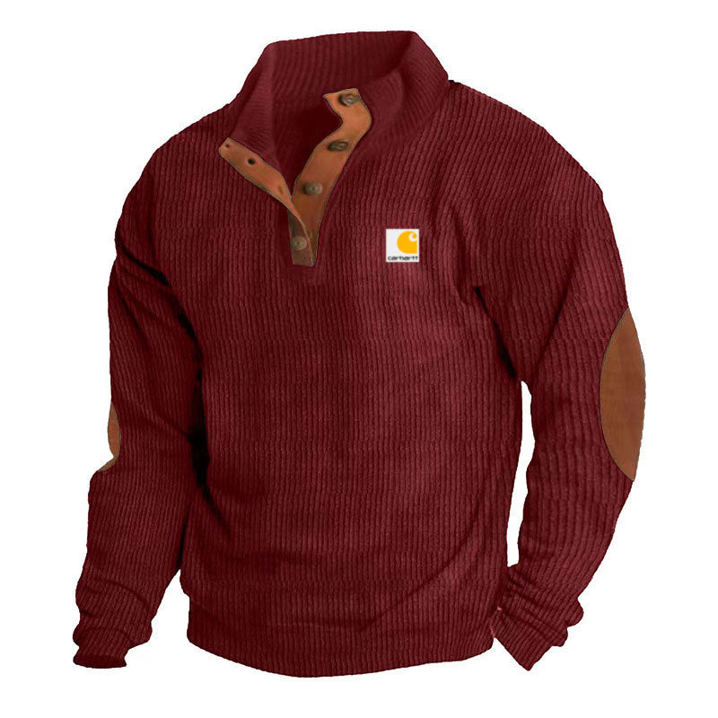 Herren nan Strickpullover im Troyer-Stil mit Stehkragen Lederbesatz Druckknopfleiste und Ellbogen-Patches Drune