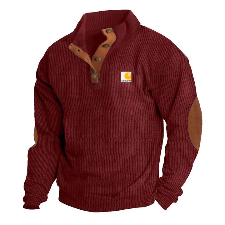 Herren nan Strickpullover im Troyer-Stil mit Stehkragen Lederbesatz Druckknopfleiste und Ellbogen-Patches Drune