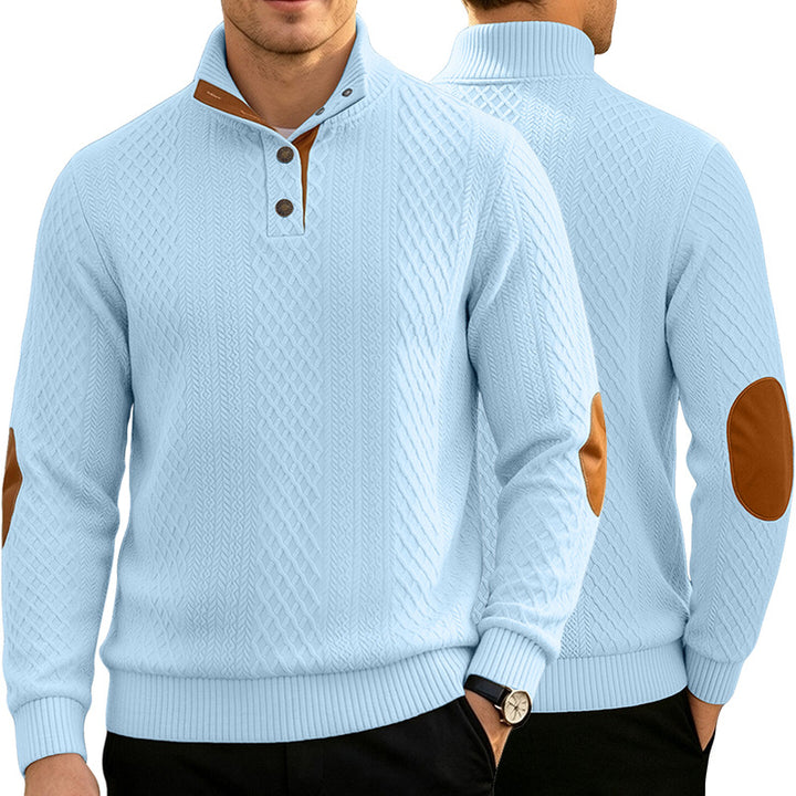 Herren Kabelstrick Troyer Pullover mit Stehkragen und Lederoptik-Ellbogen-Patches Drune