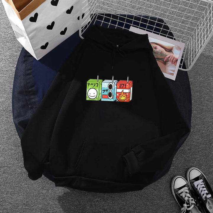 Damen nan oversized Kapuzenpullover mit Cartoon-Getränkekarton-Print, Kängurutasche und weichem Innenfutter Drune