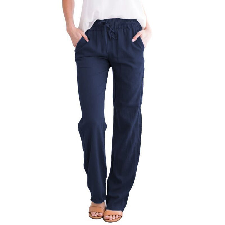 Damen Leichte Leinenoptik Palazzo-Hose mit Gummibund, Tunnelzug und Eingrifftaschen Drune