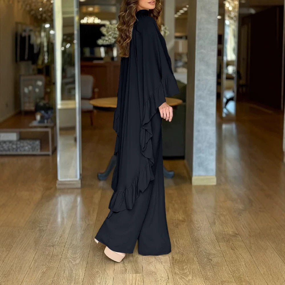 Damen Eleganter Overall mit Cape-Volant und weitem Palazzohosenbein Drune