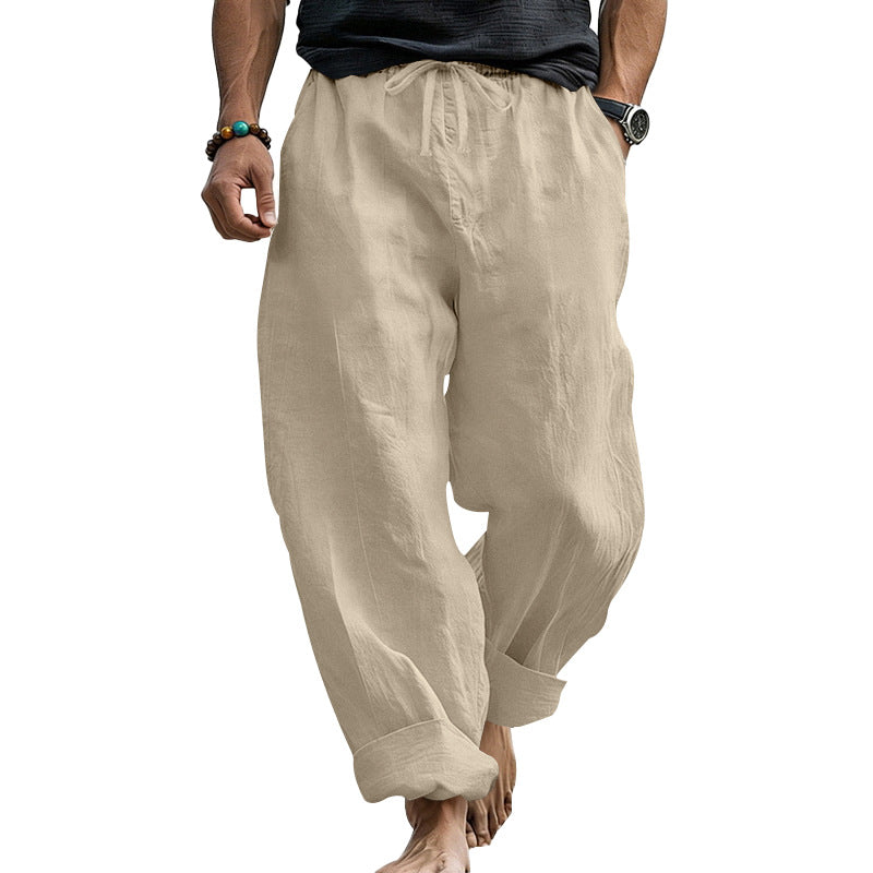 Herren Locker geschnittene Leinen-Loungehose mit Kordelzug, Umschlagsaum und Taschen Drune