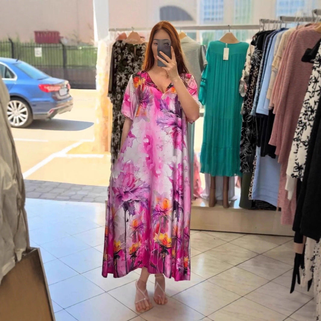 Damen nan fließendes Maxi-Kaftankleid mit V-Ausschnitt und großflächigem Aquarell-Blumenprint Drune