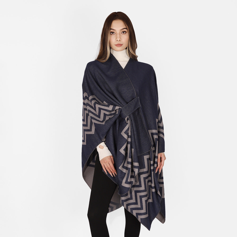 Damen Wollmix-Capeponcho mit Bindegürtel und grafischem Zickzackmuster Drune