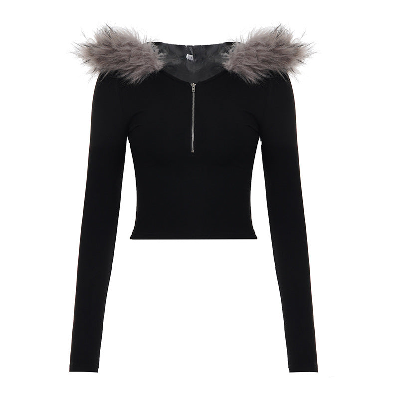 Damen nan kurzes Kapuzen‑Sweatshirt mit Kunstfellbesatz, Reißverschluss und Pompon-Kordeln Drune