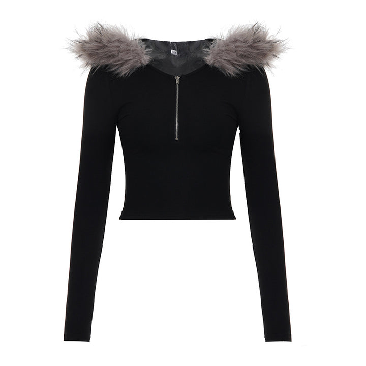 Damen nan kurzes Kapuzen‑Sweatshirt mit Kunstfellbesatz, Reißverschluss und Pompon-Kordeln Drune