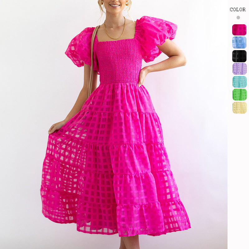 Damen Maxi-Kleid mit Puffärmeln und elastischem Oberteil Drune