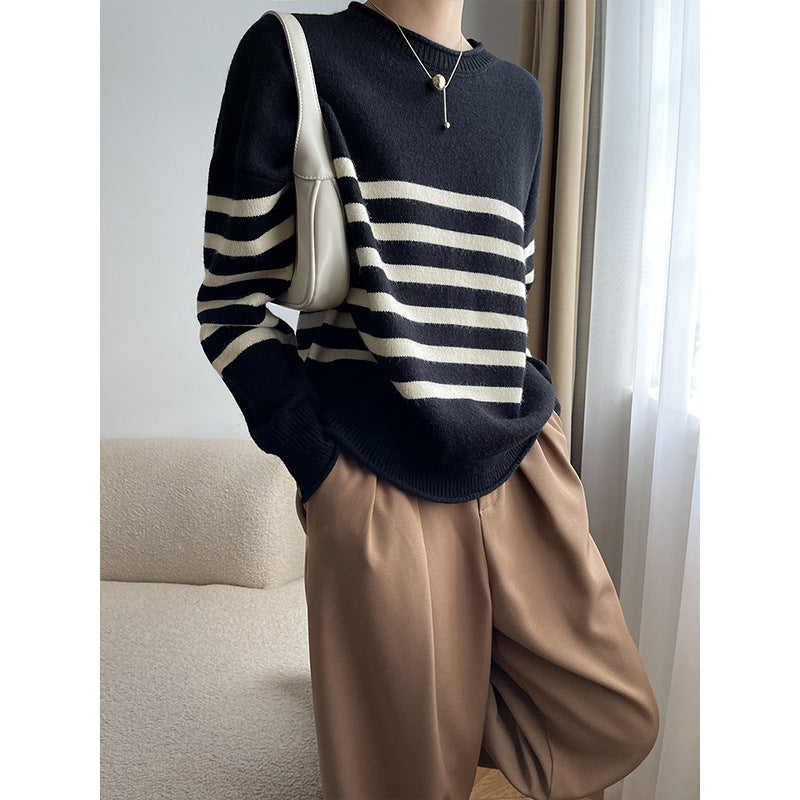 Damen modischer gestreifter Pullover mit elegantem Rundhalsausschnitt und feiner Strickstruktur Drune