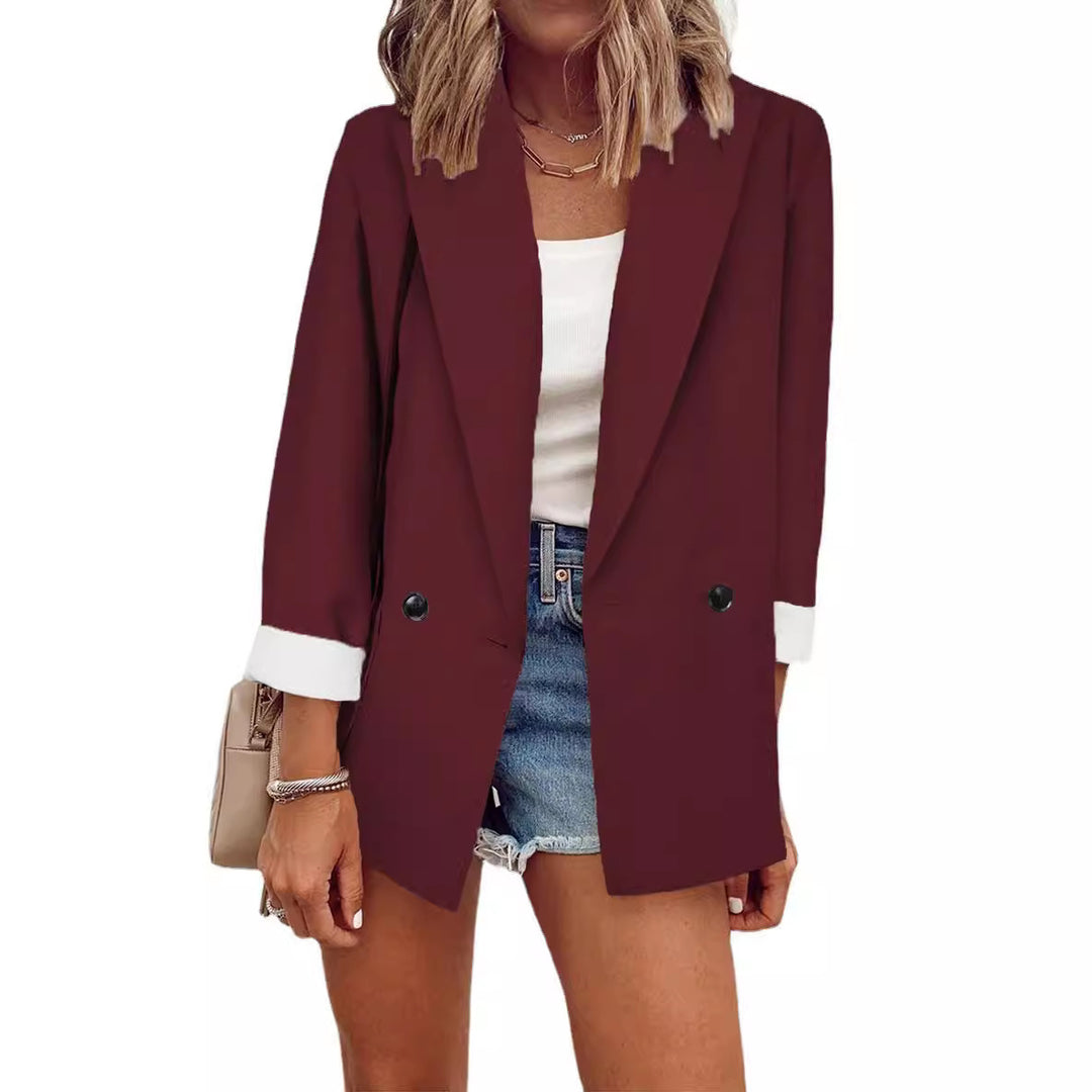 Damen Oversize Longline-Blazer mit 3/4-Ärmeln, Kontrastumschlag und aufgesetzten Taschen Drune