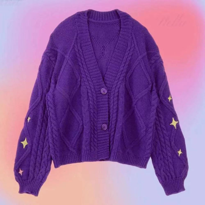 Damen nan oversize Strickcardigan mit Zopfmuster und Sternapplikationen V-Ausschnitt Knopfleiste Drune